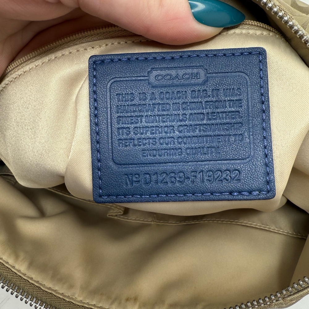 Coach 2012 Signature Jacquard Shoulder Bag Blue Leather Trim Turnlock F12699 - Picture 9 of 12